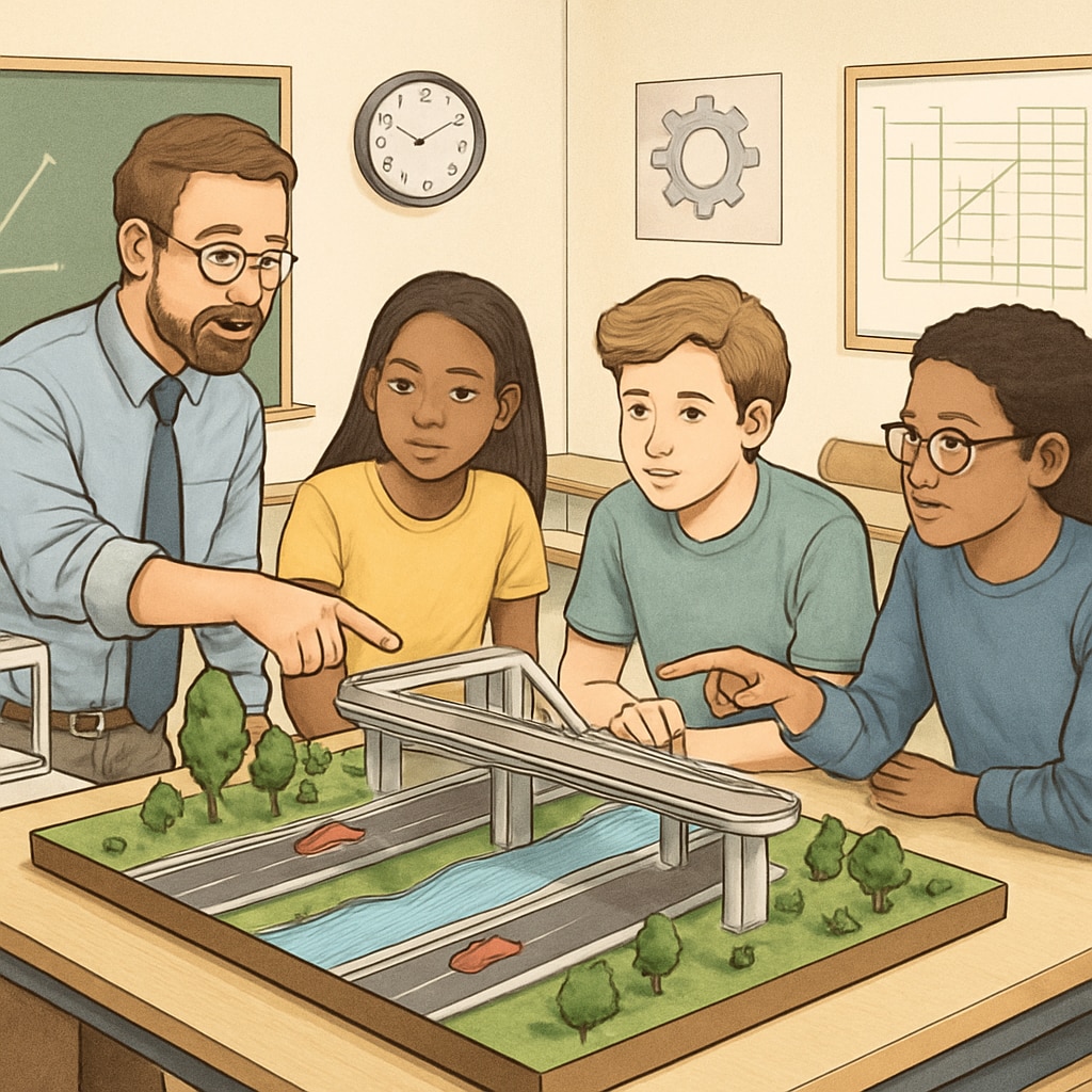 High school STEM classroom showing students and teacher examining a 3D-printed transportation infrastructure model Transportation engineering education in classroom setting