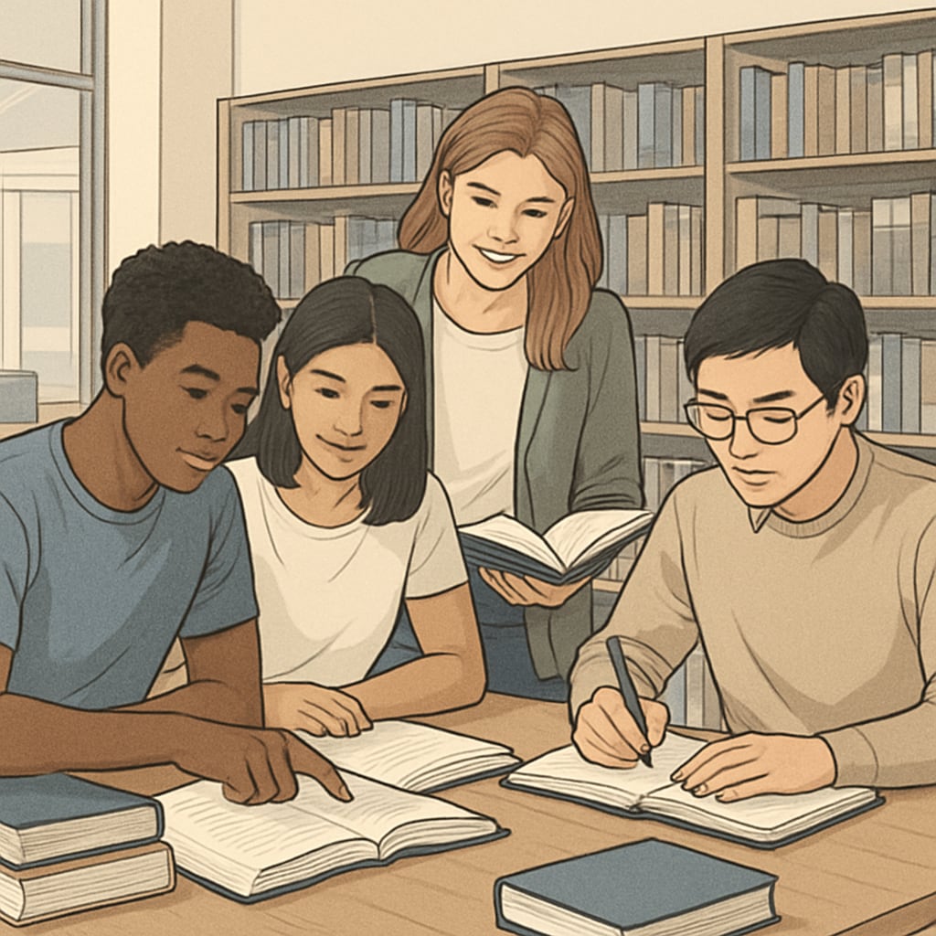 Diverse college students collaborating on studies in a modern library setting Asylum-pending students accessing educational resources