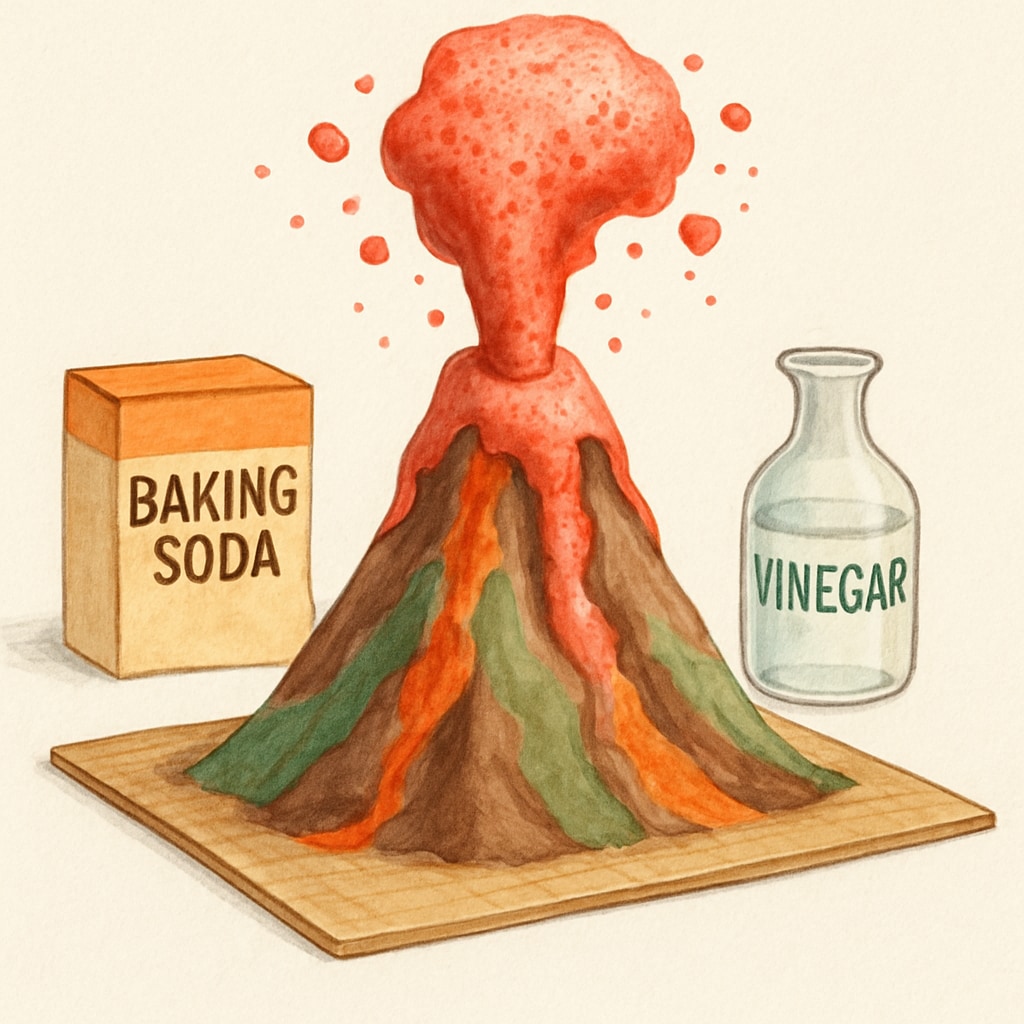 Colorful homemade volcano erupting with red foam, showing the chemical reaction between baking soda and vinegar Fun family science experiment demonstrating chemical reactions