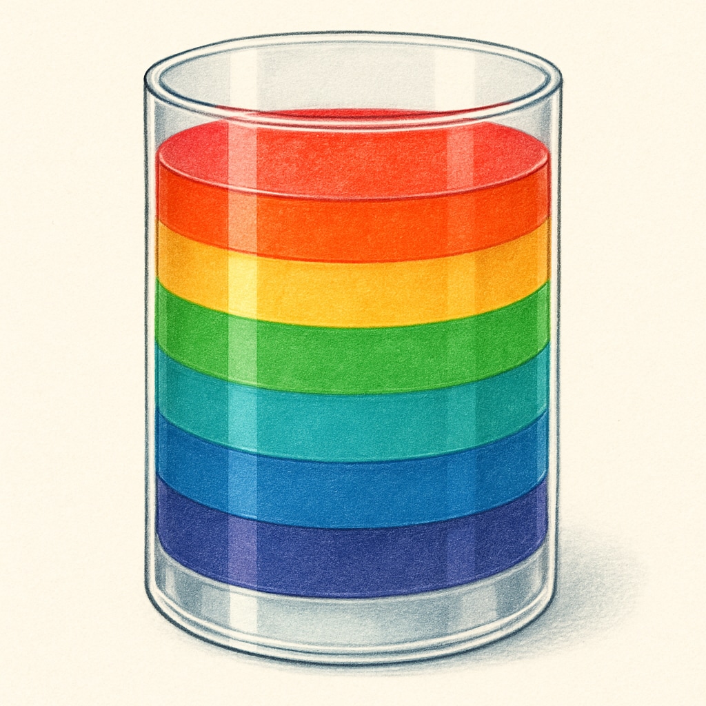 Clear glass showing layered liquids of different densities creating a rainbow effect Density tower experiment for kids learning about liquid properties
