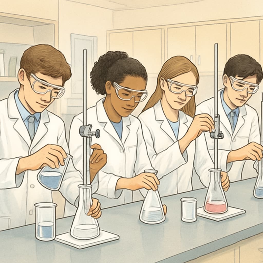 High school students wearing lab coats and safety goggles conducting titration experiments in a school chemistry lab High school chemistry research project in laboratory setting