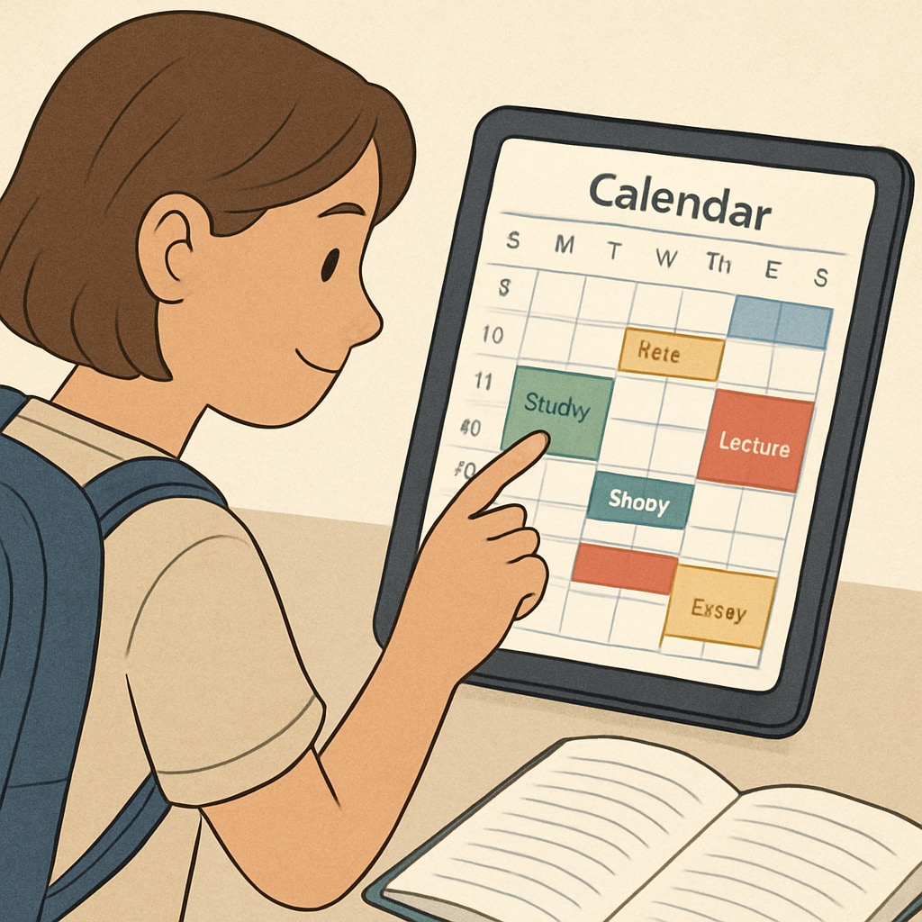 A student using a digital calendar app on a tablet, with visible study schedules and color-coded events. Student organizing tasks with a free calendar app