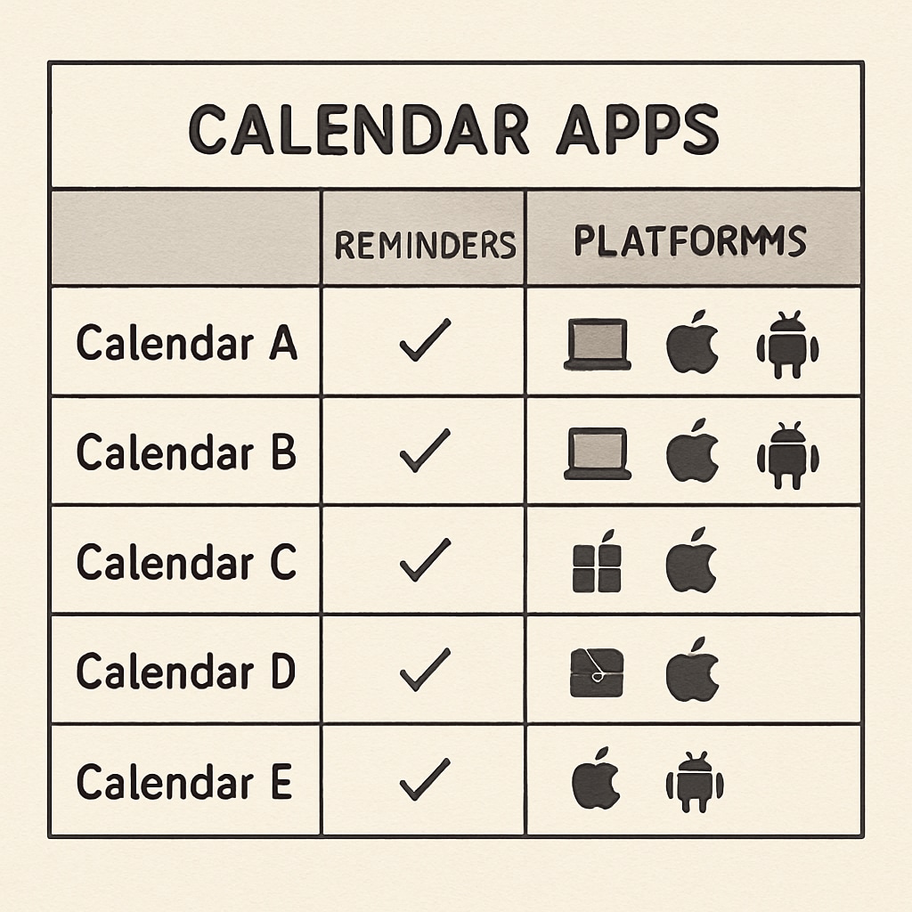 Feature comparison table showing 5 calendar apps with columns for reminders, sharing, and platform compatibility. Free calendar apps comparison for students