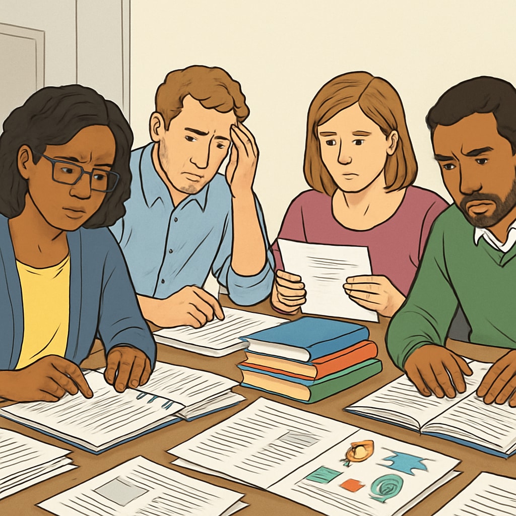 Diverse group of K12 teachers in a meeting room reviewing research materials while appearing overwhelmed. Academic exploitation of contract teachers during staff meetings