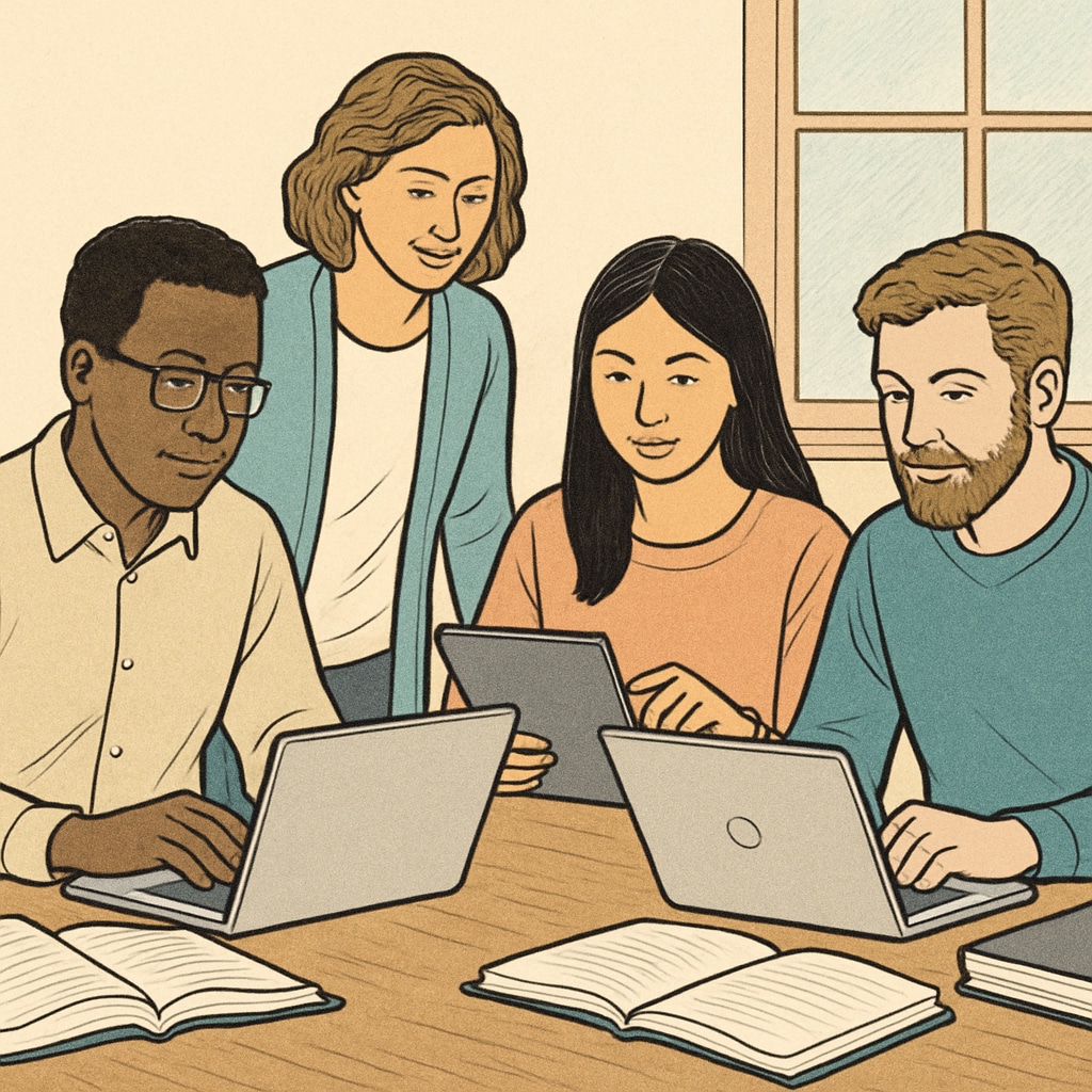 Diverse group of adult students studying on laptops and tablets at home Online GED students learning remotely