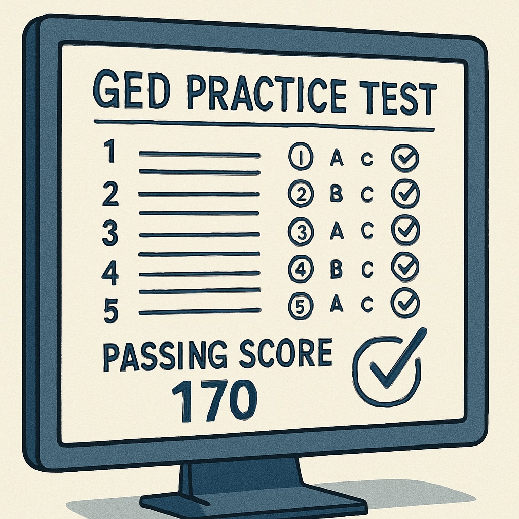 Close-up of computer screen showing GED practice test with passing score GED practice test interface with successful results
