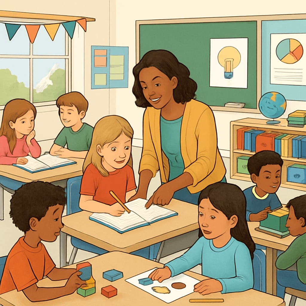 A classroom scene showing a teacher facilitating small group work with elementary students at different tables, demonstrating differentiated instruction in action. Teacher implementing multi-level teaching strategies in a resource class
