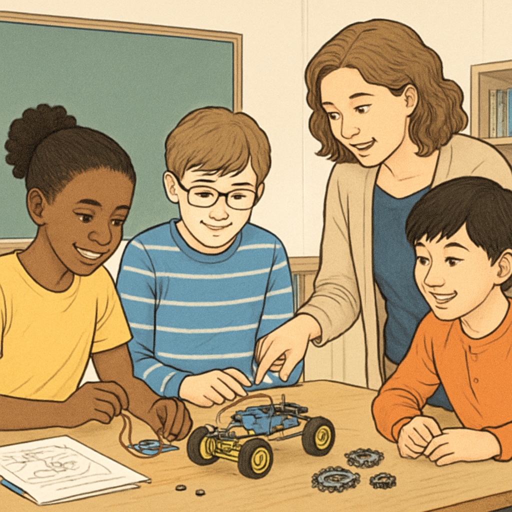 Diverse middle school students collaborating on a STEM project with their teacher providing guidance, representing inclusive education practices. Inclusive learning environment for different-level students