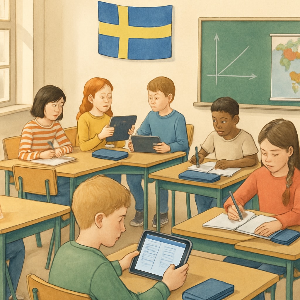 Swedish classroom showing students working with both digital tablets and traditional notebooks Swedish education technology and traditional learning methods in classroom
