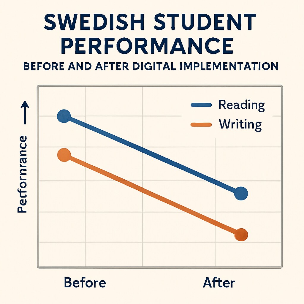 Comparative chart showing Swedish student performance trends in reading and writing before and after digital implementation Swedish education digital transformation impact analysis