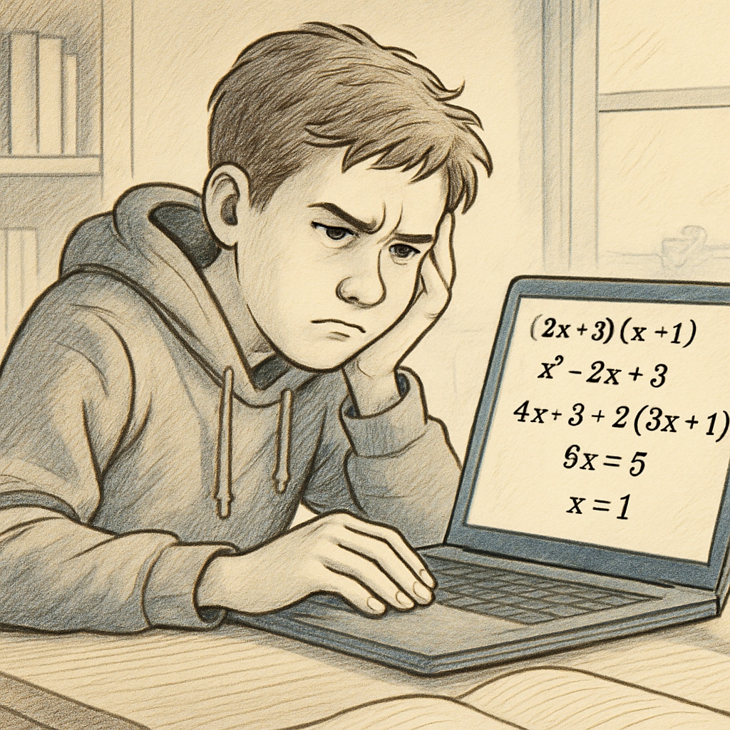 Frustrated teenage student in hoodie staring at laptop screen showing complex algebra equations during remote learning session High school student struggling with math scores during pandemic distance education