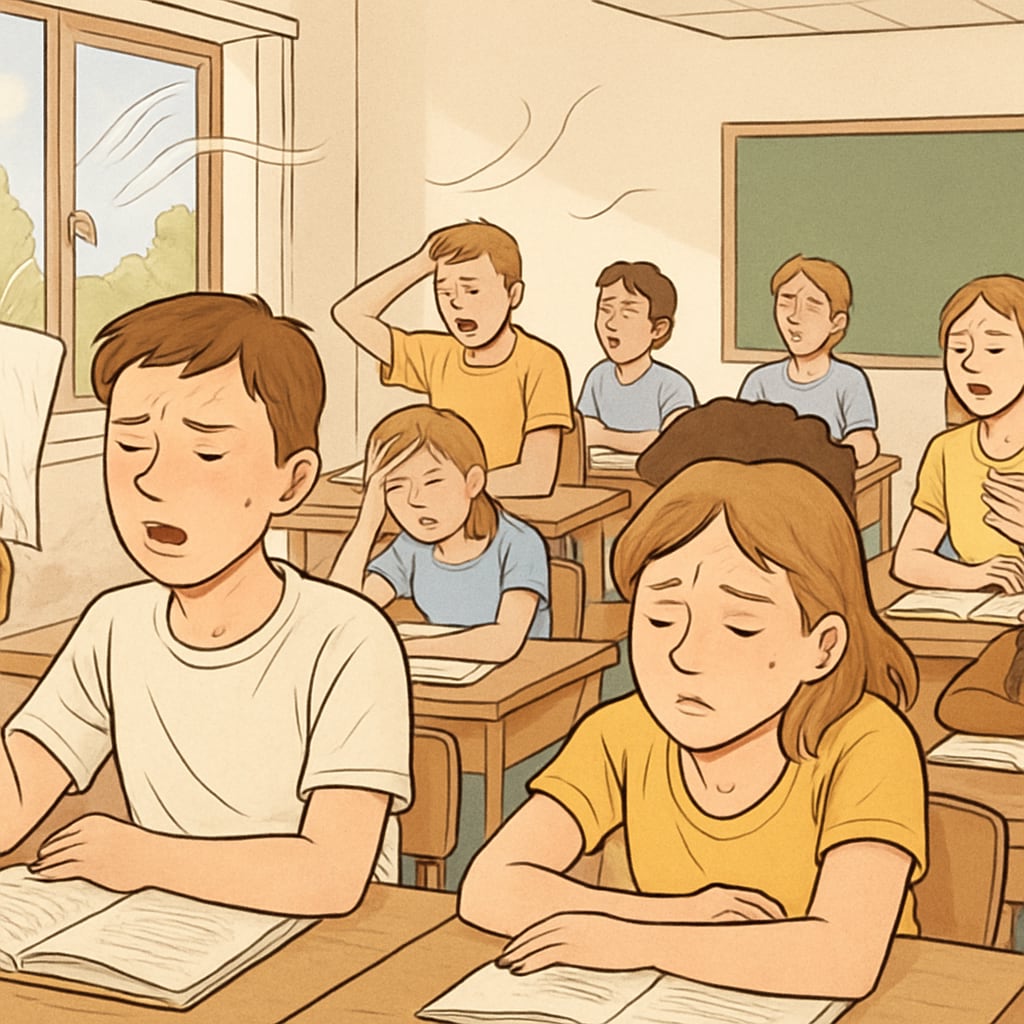 A crowded classroom with visible heat distress - students wearing light clothing, windows open, and papers used as makeshift fans. Marginalized community students enduring extreme heat in unequal education conditions