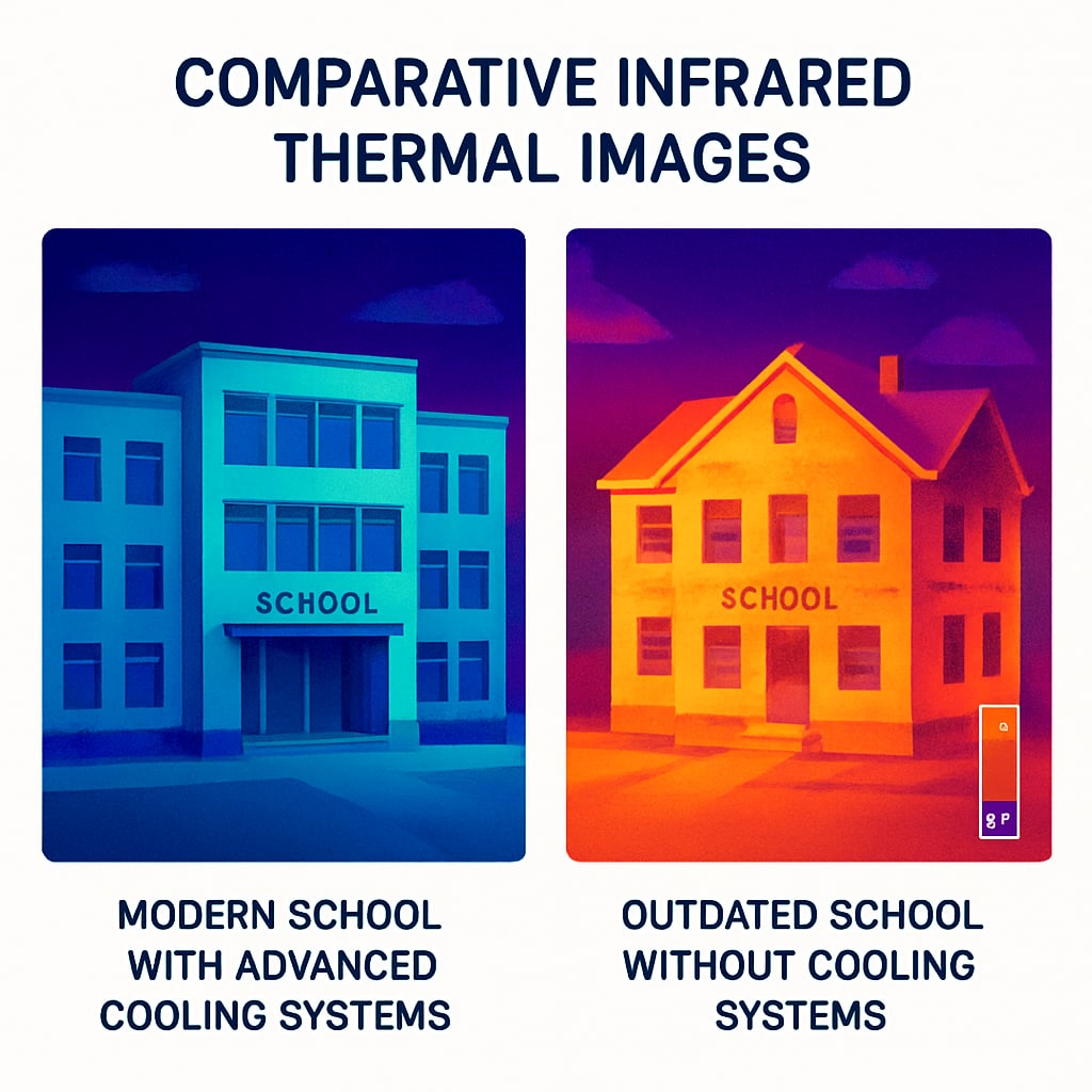 Comparative infrared thermal images showing temperature differences between two school buildings - one modern with cooling systems, one outdated without. Thermal disparity in school infrastructure contributing to education inequality
