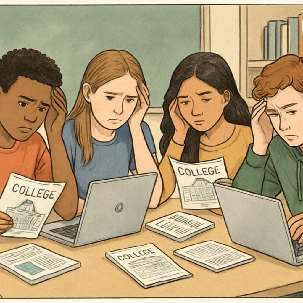 Diverse group of high school freshmen looking stressed while reviewing college brochures and laptops First-year students experiencing college application stress