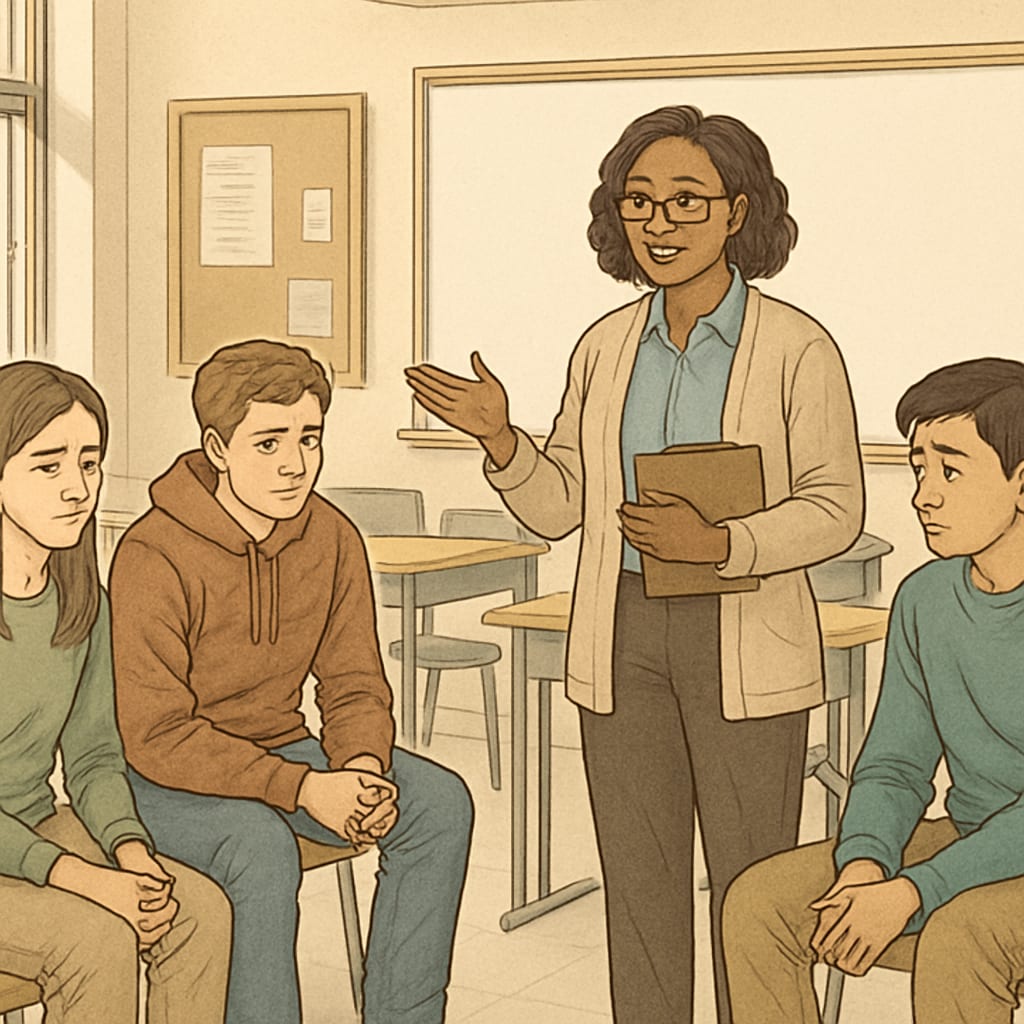 High school counselor conducting group session with anxious freshmen in classroom setting College planning counseling for first-year students