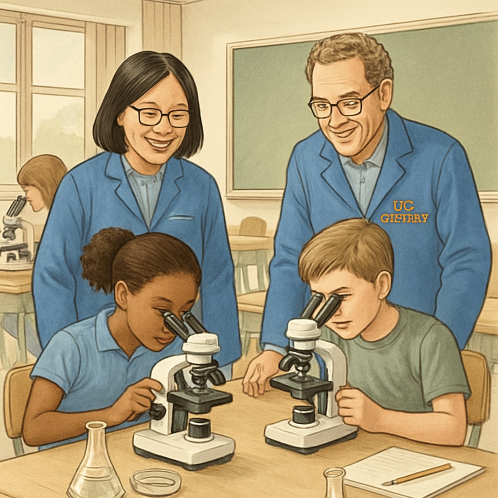 UC Berkeley researchers observing elementary students conducting science experiments with microscopes UC education researchers in K12 classroom
