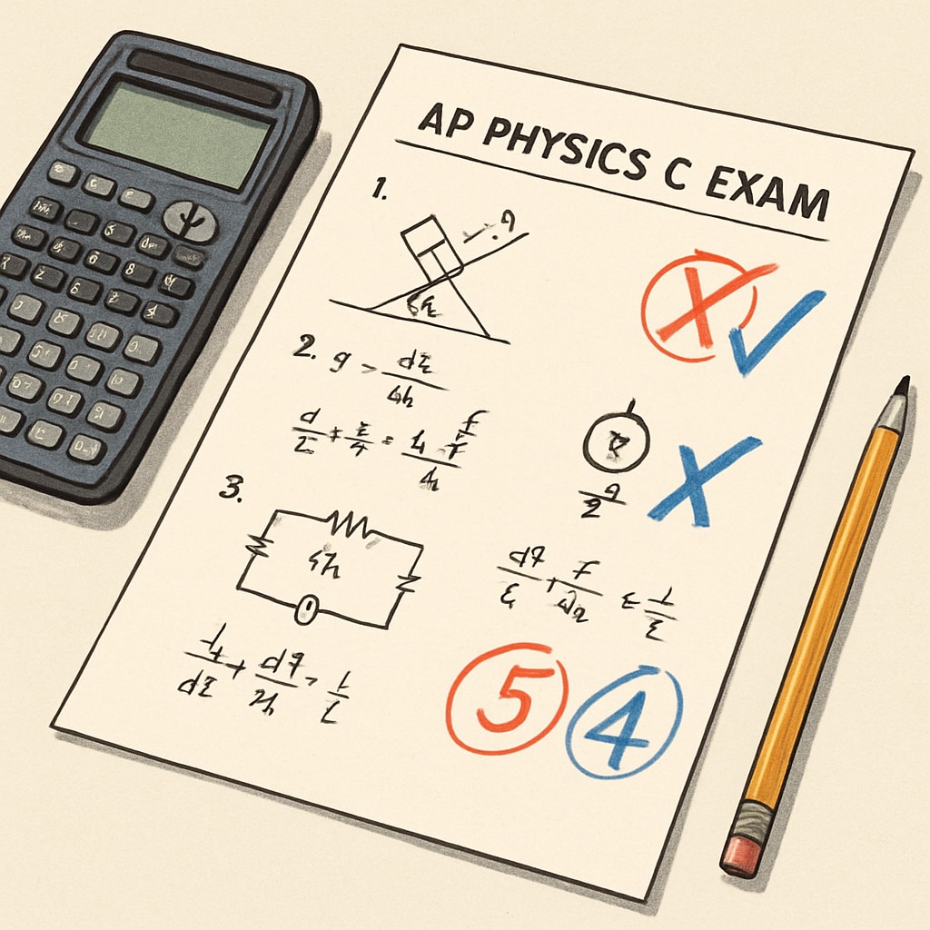 Close-up of a student's AP Physics C exam paper showing conflicting grading marks between different problems, with a calculator and pencil nearby AP Physics C grading dispute evidence with teacher errors