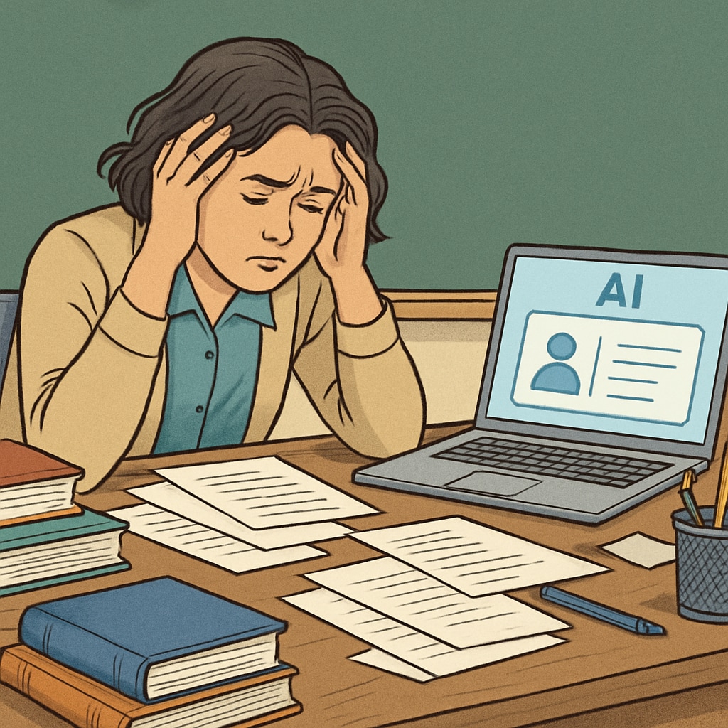 A stressed teacher working at a cluttered desk with papers, contrasted with a clean AI interface on a laptop screen AI reducing teacher workload in education