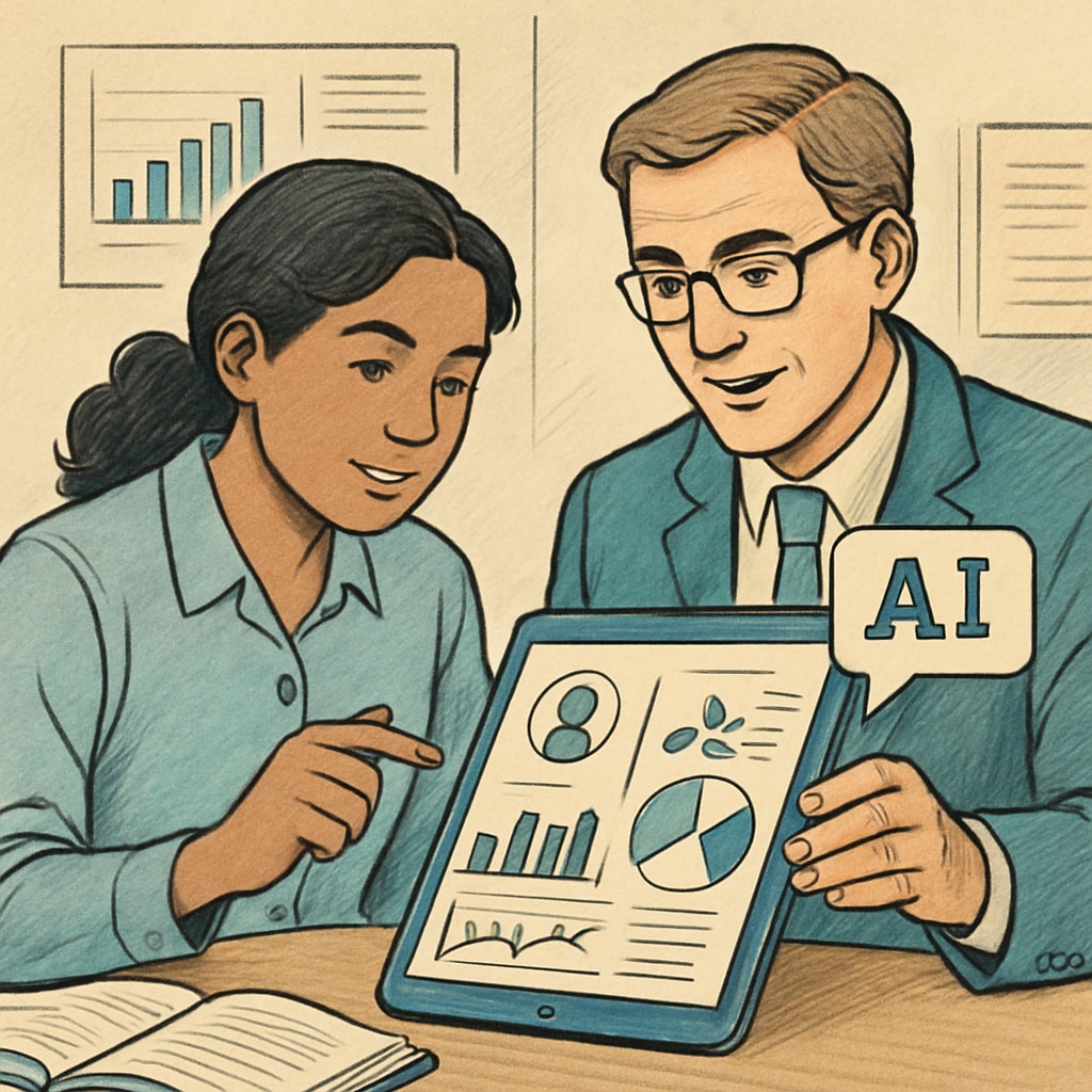 Educators reviewing student data visualizations on a tablet with AI-generated insights Teachers using artificial intelligence for education efficiency