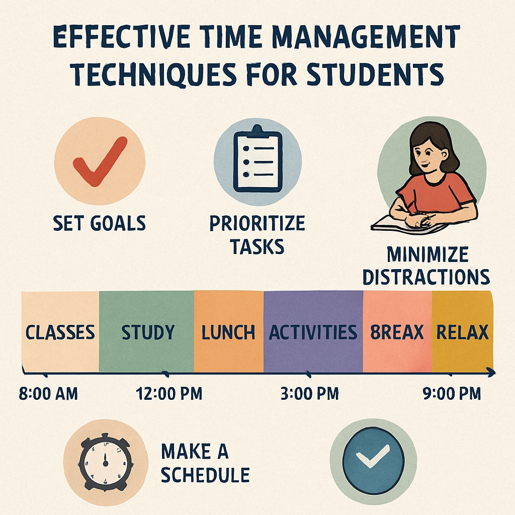 Visual timeline showing effective time management techniques for students with color-coded tasks Time management education for school curriculum