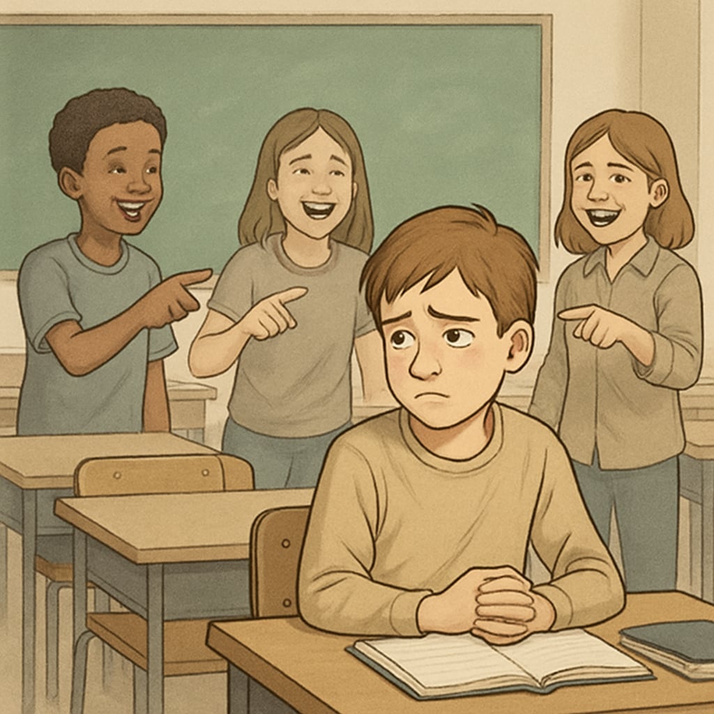 Middle school student looking anxious while surrounded by laughing classmates, illustrating social isolation from peer groups Gifted student experiencing social pressure in education system
