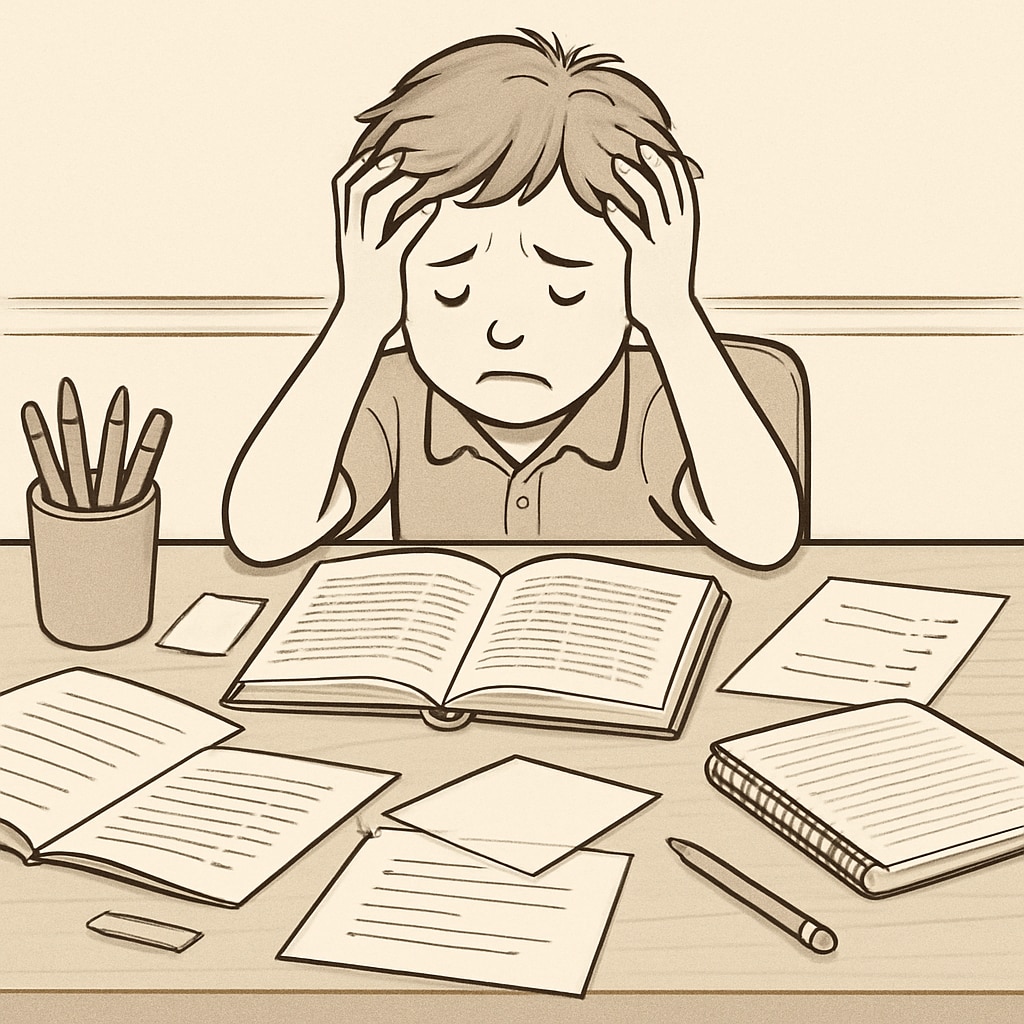 Overwhelmed elementary student at desk with hands on head, surrounded by books and papers Child struggling with academic pressure from gifted label