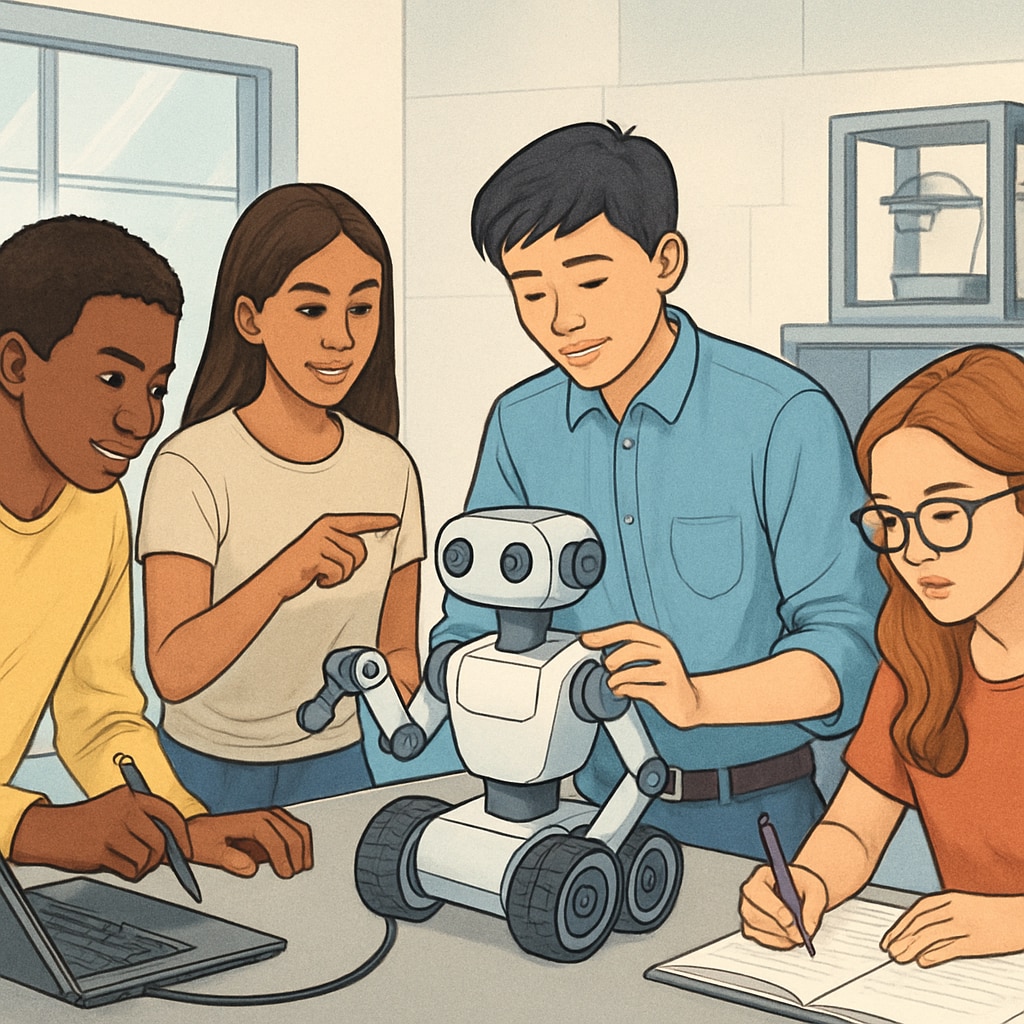 Diverse group of high school students working on robotics project at modern STEM lab workstations, showing collaboration and technology integration High school STEM curriculum reform in action with student robotics project