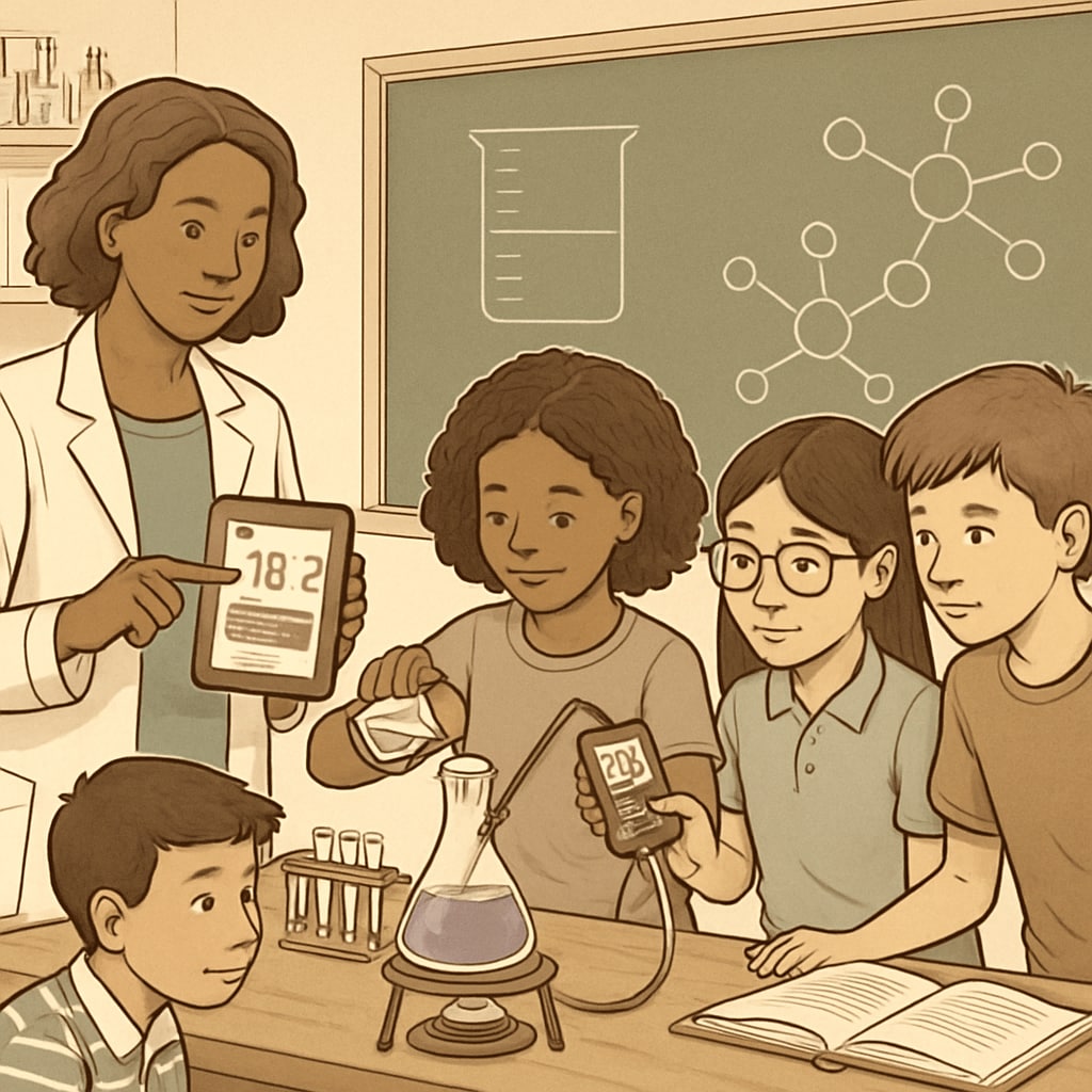 Science teacher assisting multiethnic students with digital measurement tools during chemistry experiment, demonstrating hands-on STEM learning STEM education efficiency through teacher-guided experiment