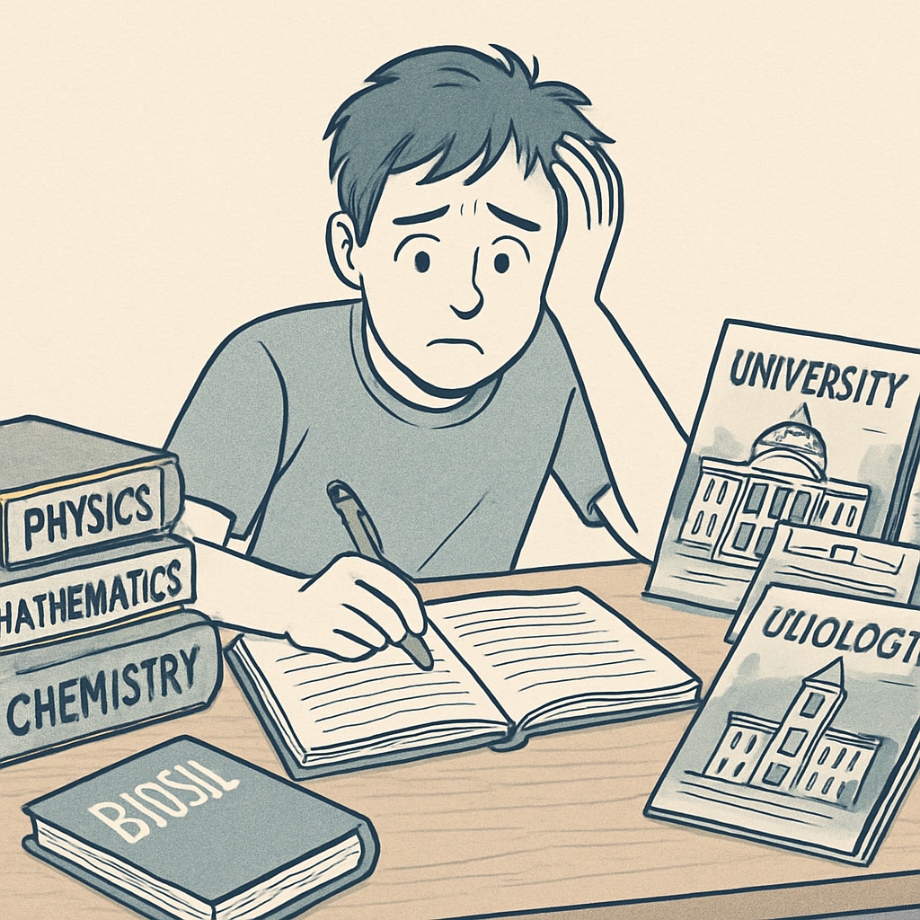A stressed high school student surrounded by STEM textbooks and university brochures, looking overwhelmed while making notes STEM student struggling with major selection and mental health pressure