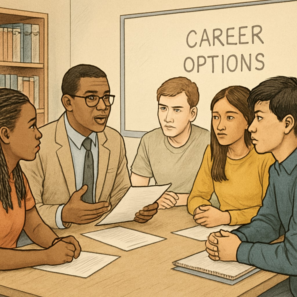 Diverse group of high school students having a serious discussion with a guidance counselor about career options STEM career counseling session addressing mental health concerns