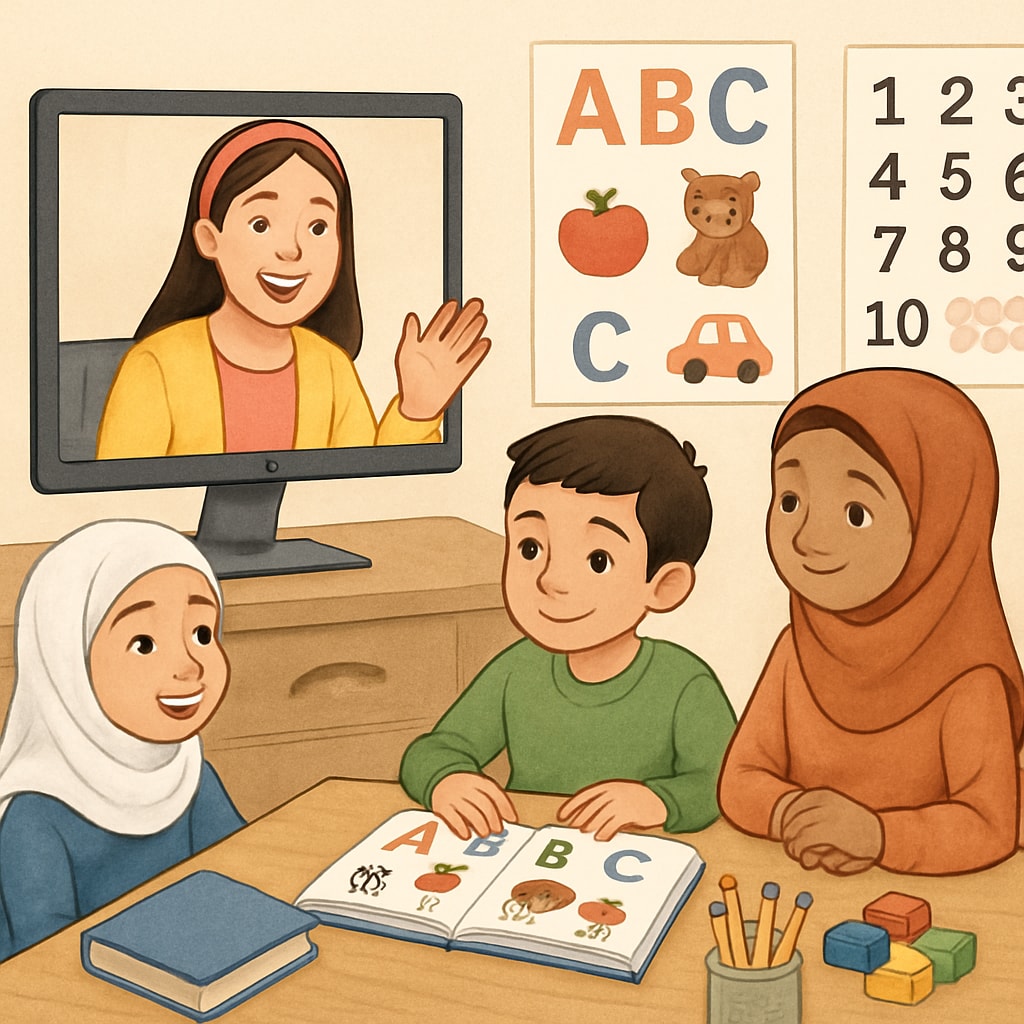 Ms.Rachel in her signature bright-colored teaching outfit engaging with Middle Eastern children via video call, showing educational materials Ms.Rachel conducting child education program for Middle Eastern youth