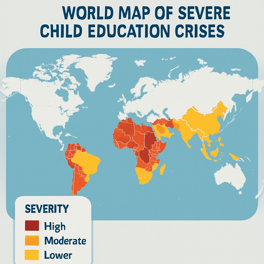 World map infographic highlighting regions with severe child education crises using color-coded severity indicators Global child education crisis map showing humanitarian needs beyond Middle East