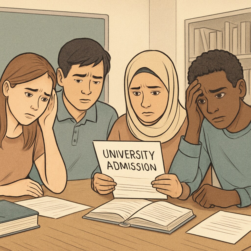 Diverse group of international students reviewing university admission papers with worried expressions Students facing educational disparities in EU university admissions