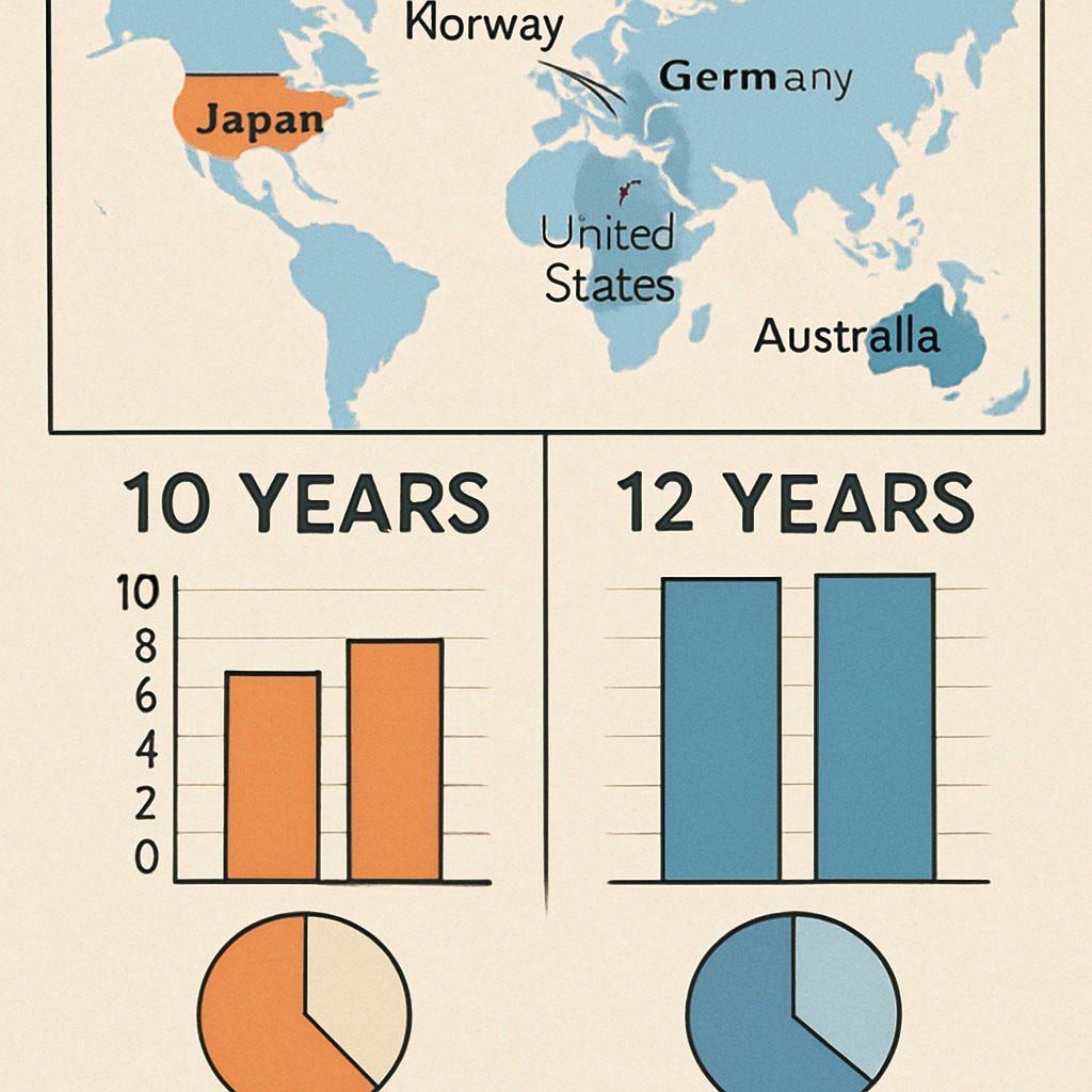 Infographic comparing education system durations (10 vs 12 years) across different countries Global comparison of education year disparities