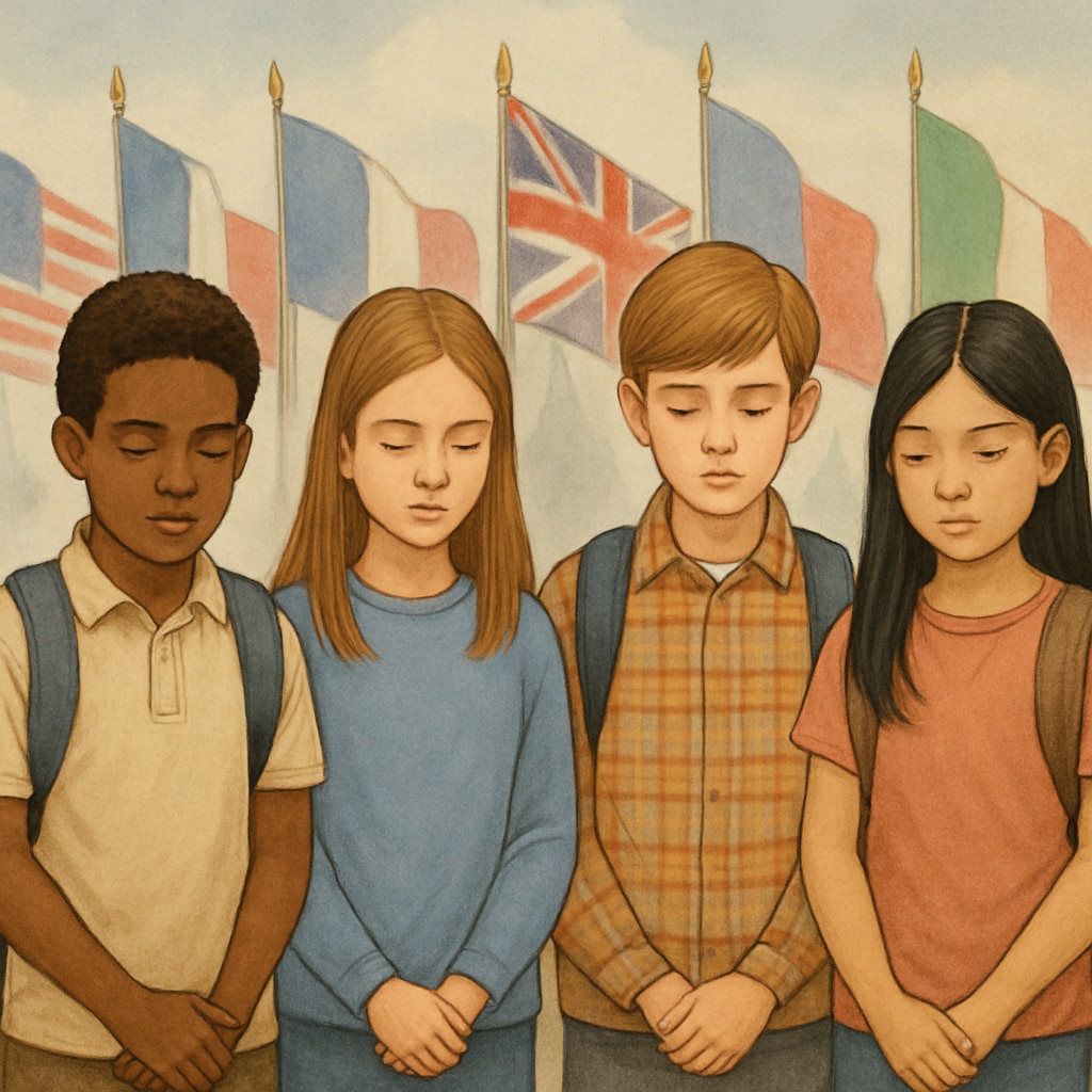 Diverse group of middle school students standing in silent observance during a memorial event, with soft-focus background showing international flags symbolizing generalized war remembrance Gaza mourning generalization in school memorial event
