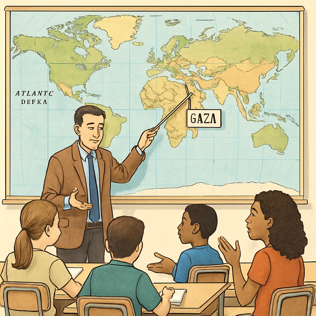 Teacher pointing to Gaza on a world map during classroom discussion, with students engaged in thoughtful dialogue Educator addressing Gaza genocide ethics in classroom