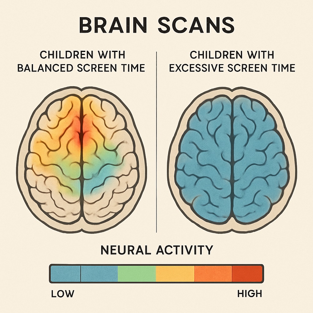 Comparative brain scan visualization showing neural activity differences in children with balanced screen time (left) vs excessive usage (right) Brain scan comparison of technology addiction effects on children's mental health