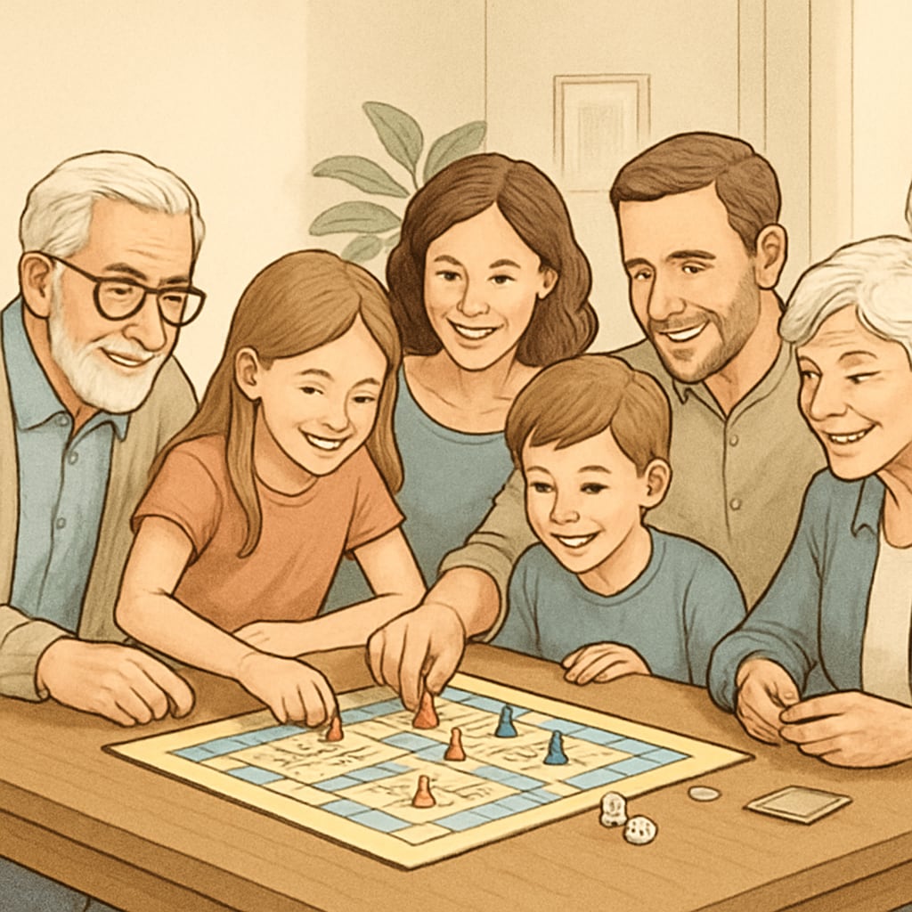 Multi-generational family playing board game at wooden table as healthy alternative to screen time Family bonding activity replacing technology addiction for children's mental health