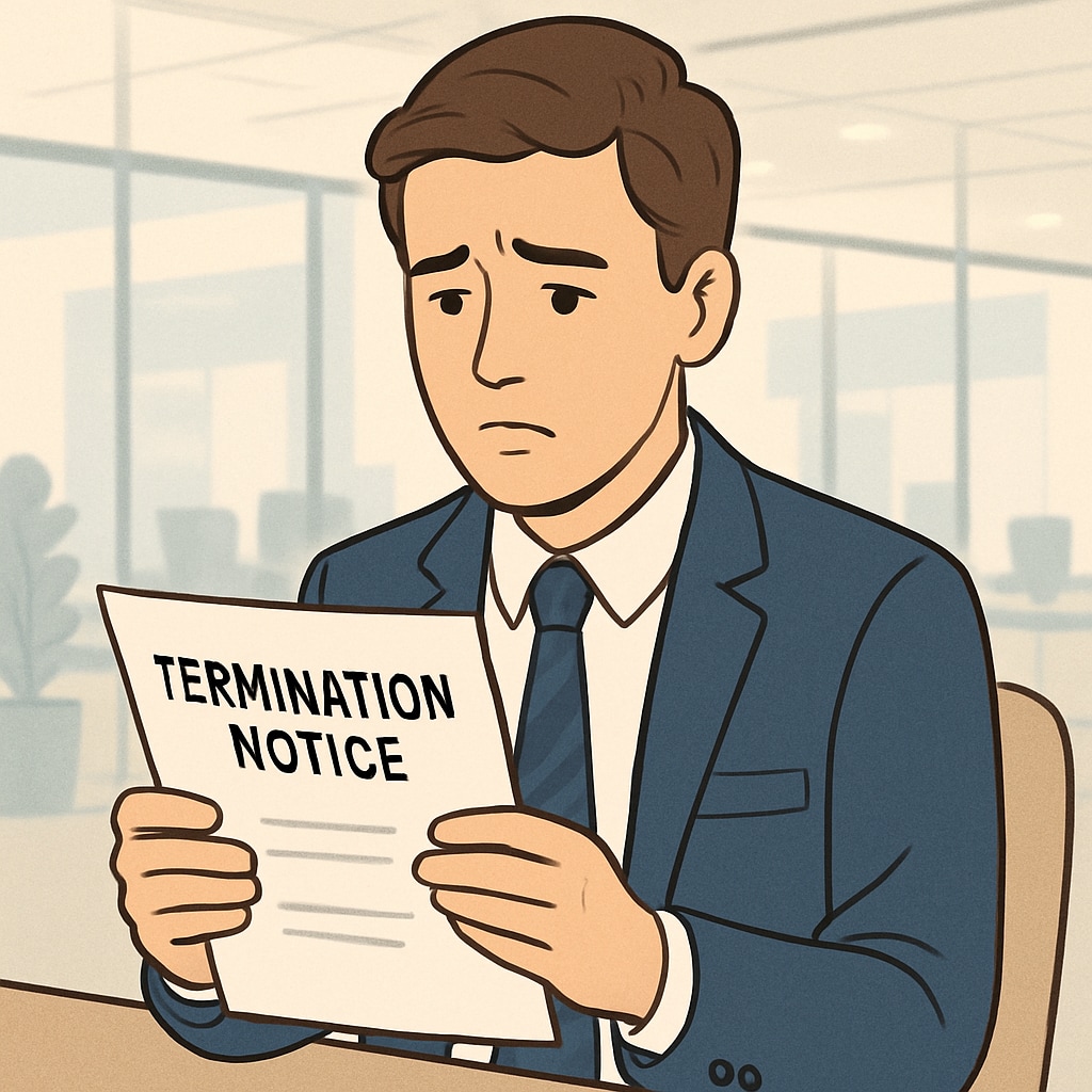 Upset young professional in office holding termination notice with blurred corporate background Career consequences of college application fraud