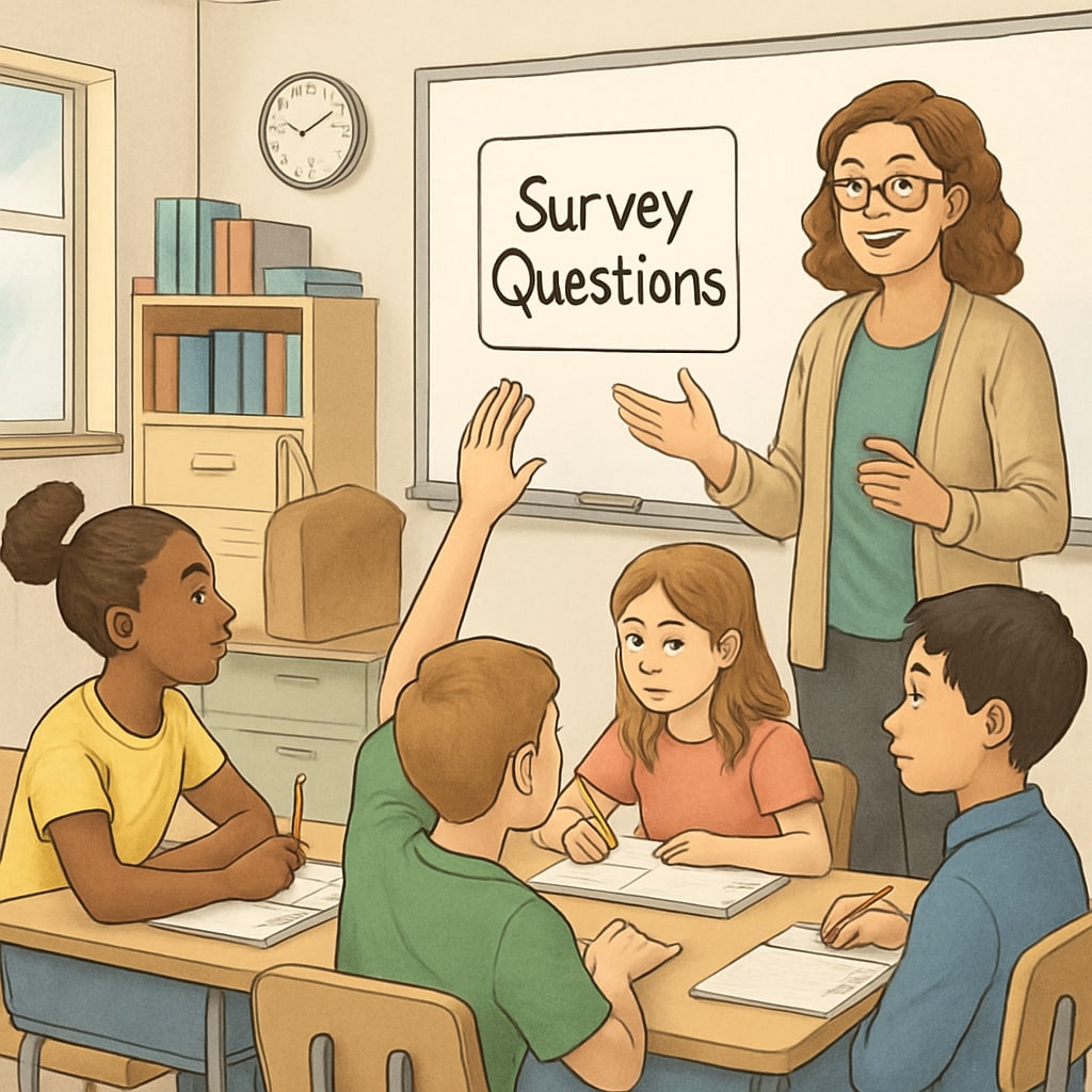 A teacher and students engaged in a discussion about survey questions, showing collaboration in a classroom. Research forms and survey questionnaires in a K12 classroom
