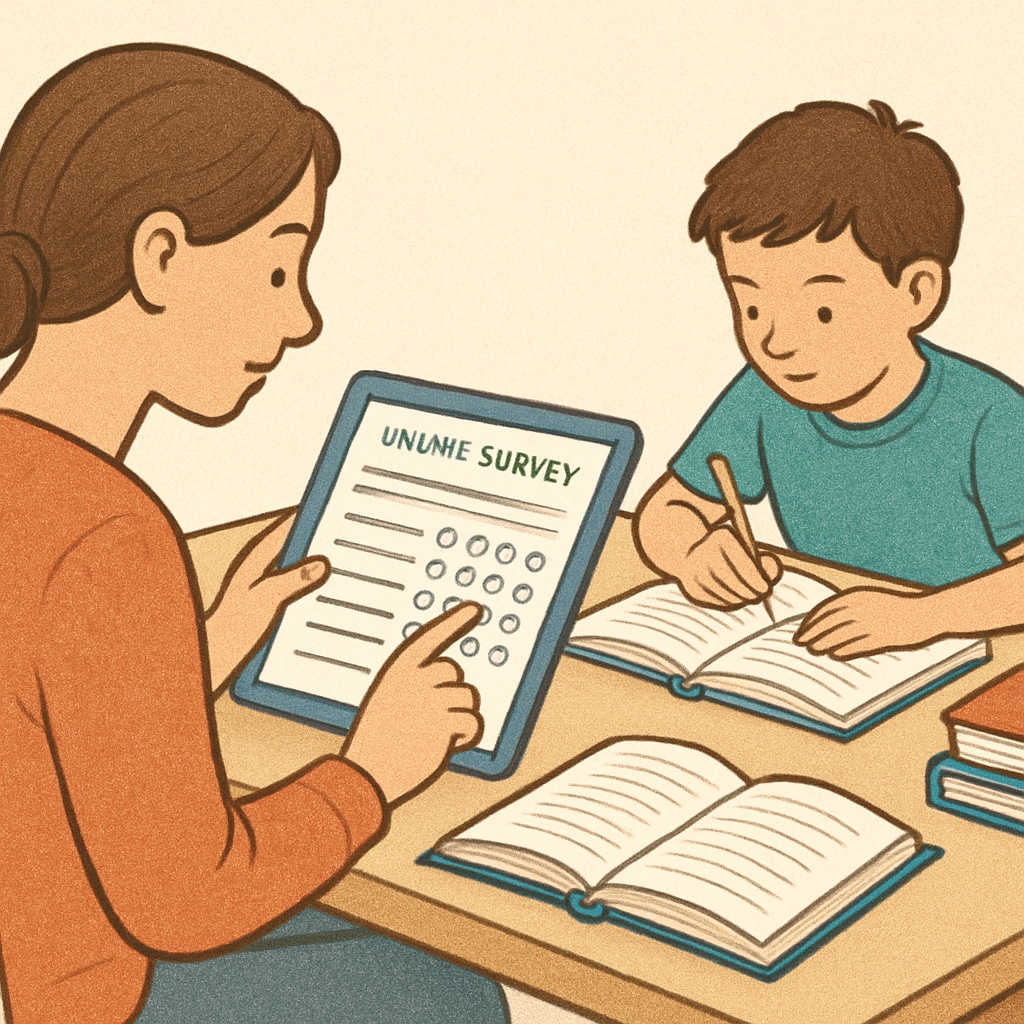 A parent thoughtfully completing an online survey on a tablet while their child does homework. Parent participating in an education research survey