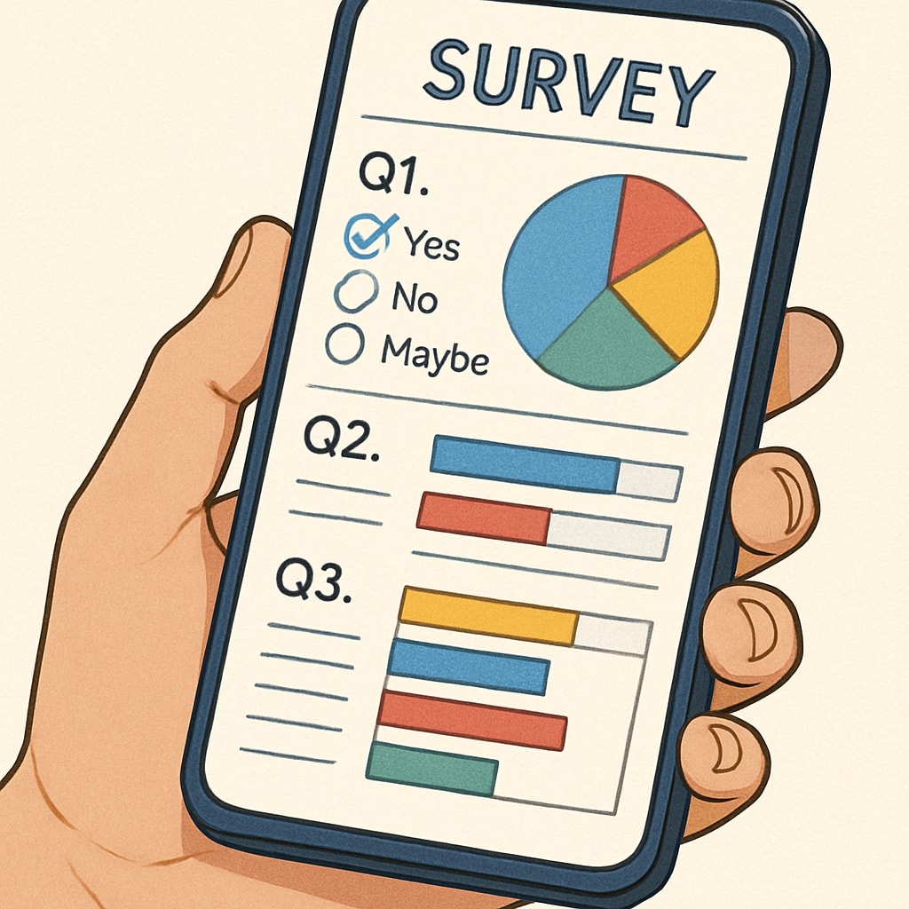 Person completing media research survey on mobile device