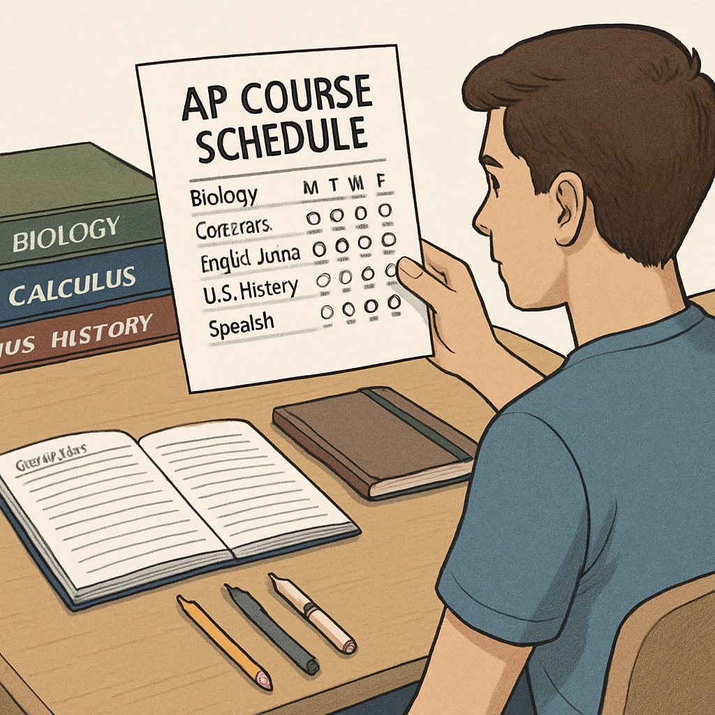 A high school student reviewing an AP course schedule with textbooks and a planner on a desk AP course planning for high school students