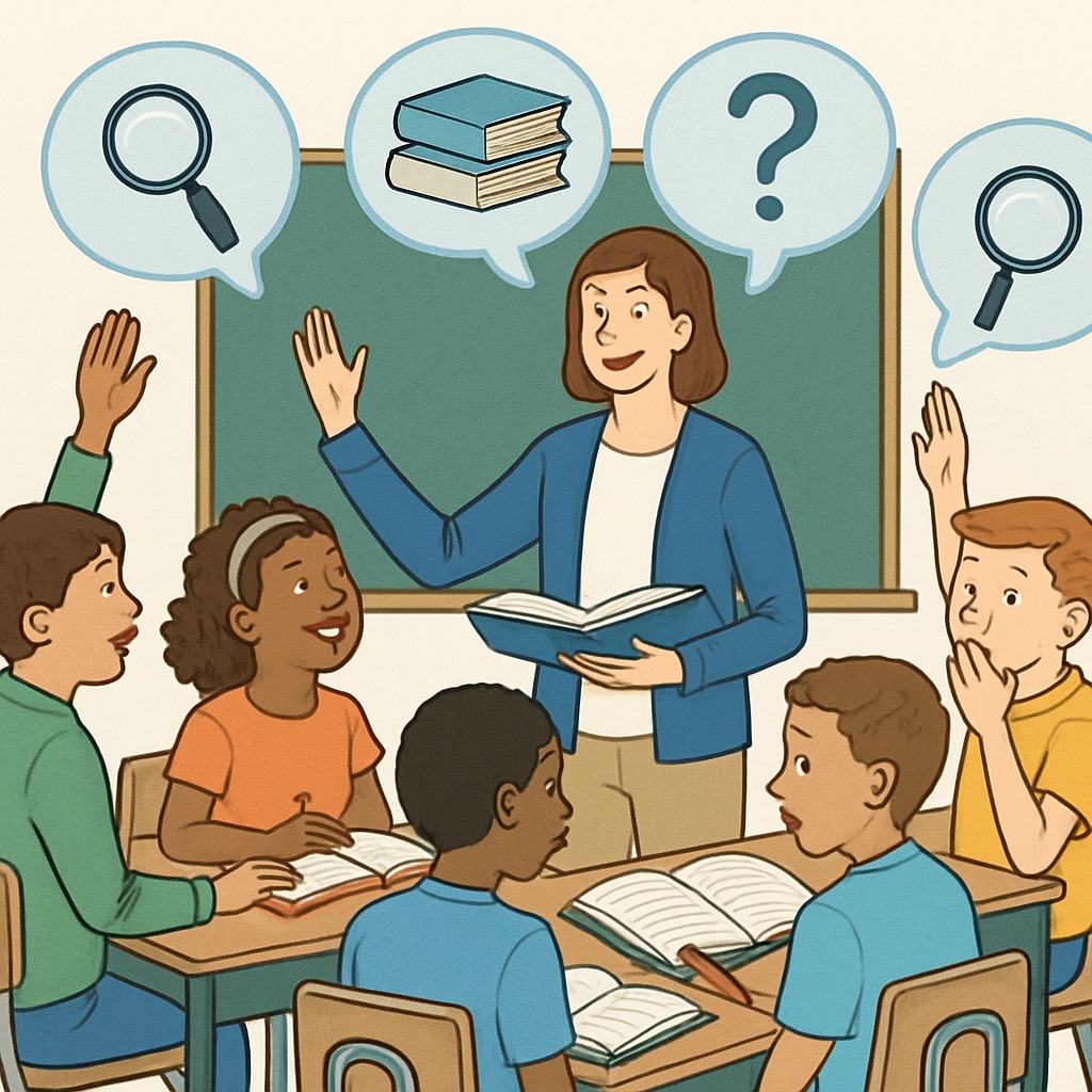 A diverse group of K12 students engaged in classroom discussion with their teacher, with visual thought bubbles containing research-related icons and question marks Research question formulation help visualized through classroom interaction