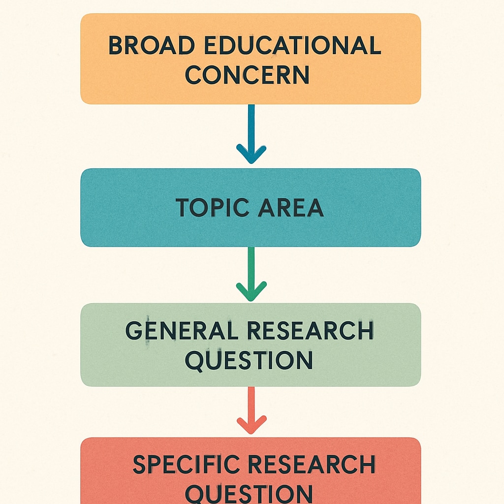 Color-coded flowchart showing the evolution of research questions from broad educational concerns to specific measurable inquiries Research question development process for education studies