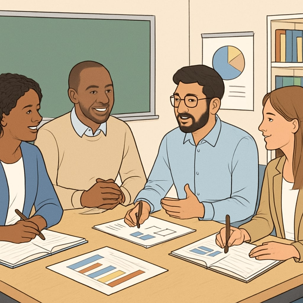 Diverse educators collaborating during professional development session Professional teachers discussing educational philosophy with academic supervisors
