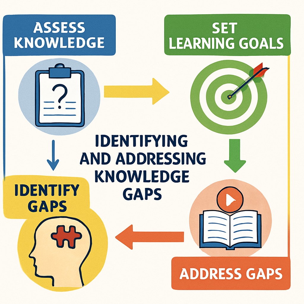 Colorful infographic showing step-by-step process for identifying and addressing knowledge gaps Visual guide for overcoming foundational learning challenges