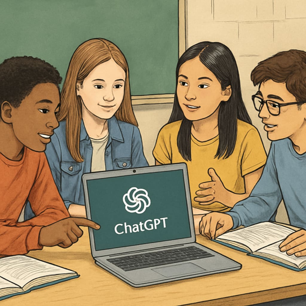 Students using ChatGPT for group project with teacher supervision