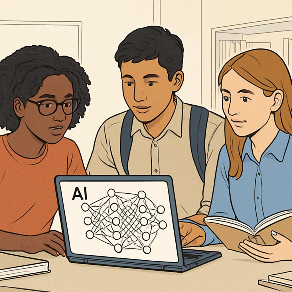 A diverse group of three undergraduate students working together on a laptop, with AI visualization software displaying neural network patterns on screen Undergraduate students collaborating on AI education project with limited computational resources