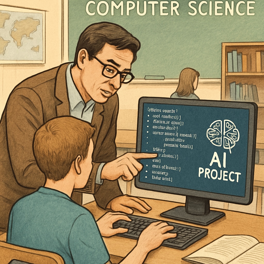 A computer science instructor reviewing student AI project code on a desktop monitor in a classroom setting Educator assessing student AI project within computational resource limitations